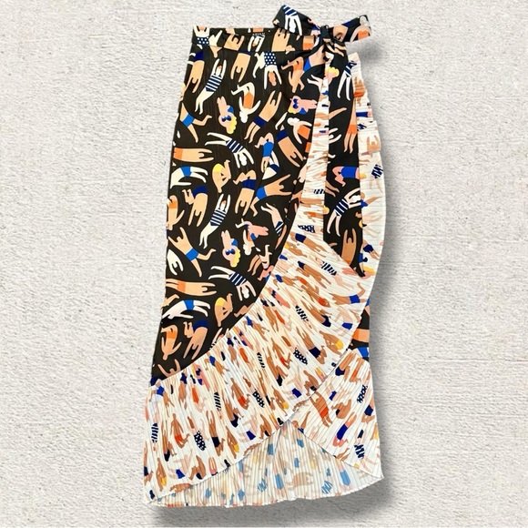 Azulu Anthropologie Black Pleated Colorful Swimmer Beach Wrap Skirt - Size 4 - Picture 1 of 11